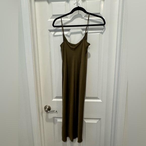 FRAME slip dress silk denim olive green dress with spaghetti straps - Picture 3 of 11